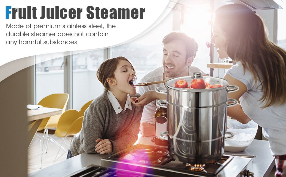 Honhorrs Stainless Steel Steam Juicer, Eleven-Quart Upper Colander with Glass Lid and Loop Handles detail