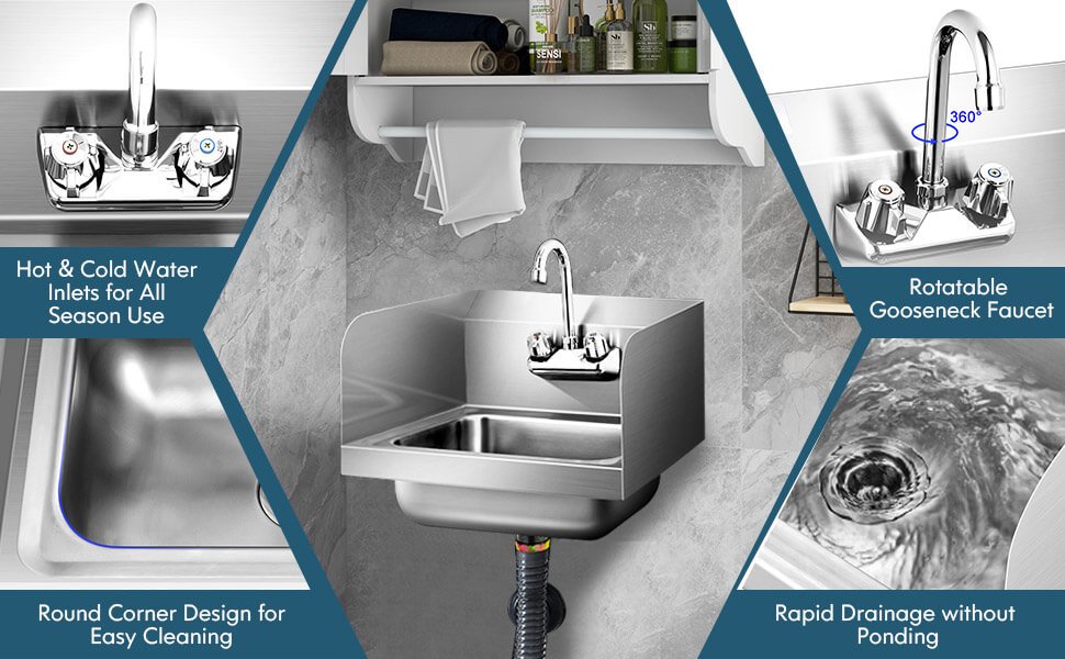 Honhorrs Wall-Mounted Stainless Steel Hand-Washing Sink, Swivel Gooseneck Faucet and Side Splashes detail