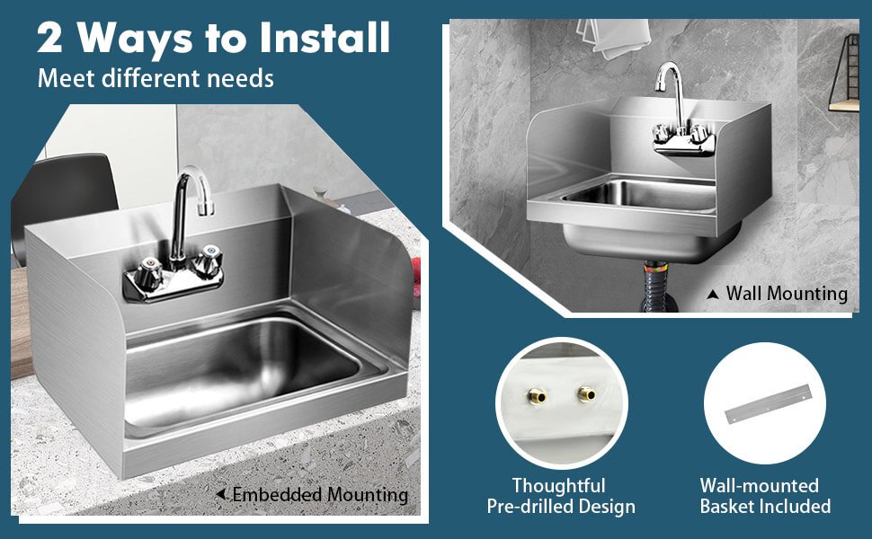 Honhorrs Wall-Mounted Stainless Steel Hand-Washing Sink, Swivel Gooseneck Faucet and Side Splashes detail