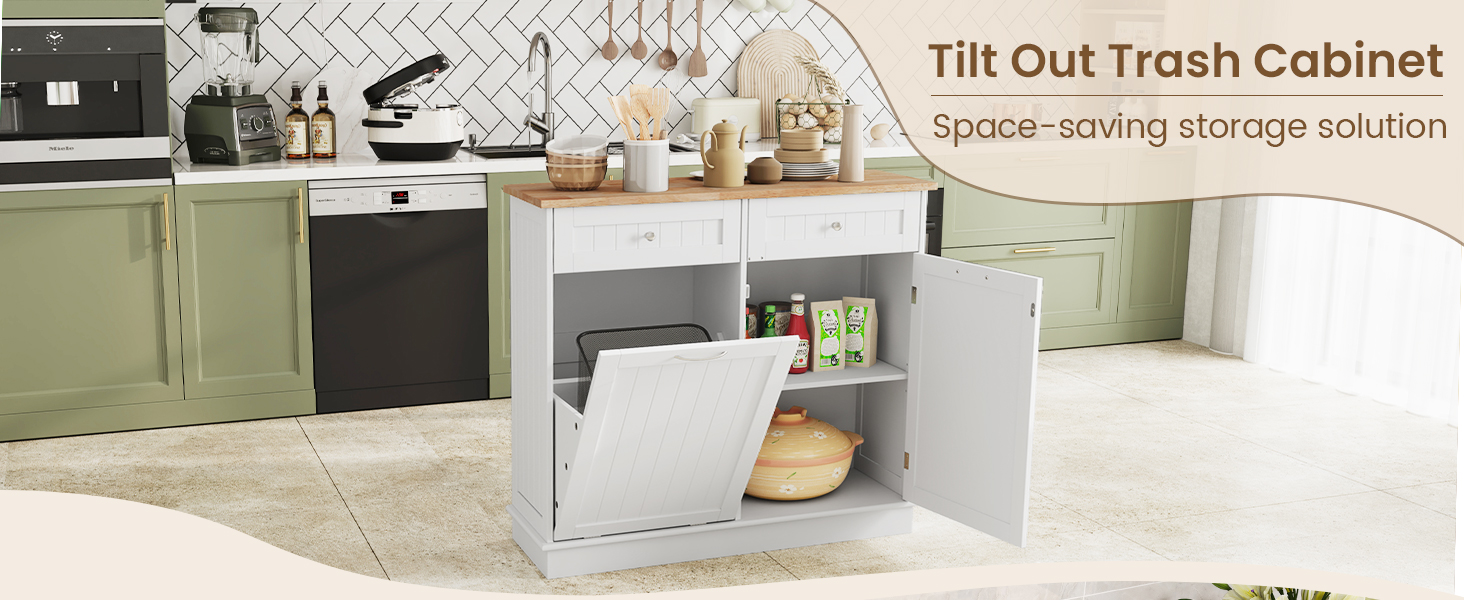 Tilt-Out Kitchen Trash Cabinet by Honhorrs — Pine Countertop, Two Drawers and an Adjustable Shelf detail