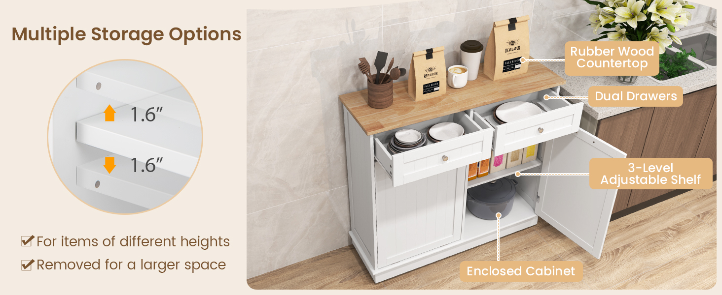 Tilt-Out Kitchen Trash Cabinet by Honhorrs — Pine Countertop, Two Drawers and an Adjustable Shelf detail