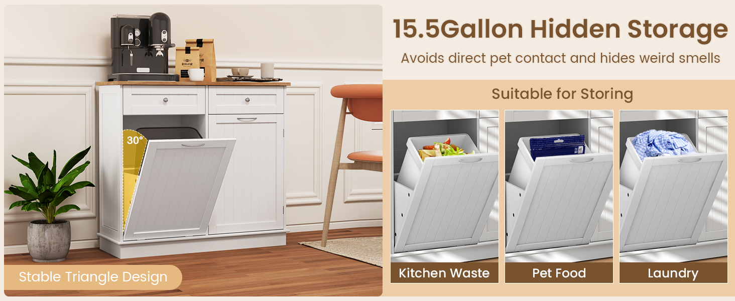 Tilt-Out Kitchen Trash Cabinet by Honhorrs — Pine Countertop, Two Drawers and an Adjustable Shelf detail