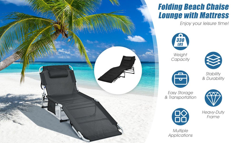 Honhorrs Padded Folding Chaise, Removable Mattress and Locking Backrest for Indoor or Patio Lounging detail