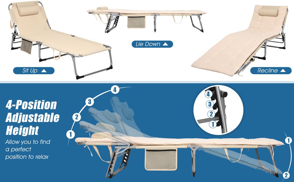 Honhorrs Padded Folding Chaise, Removable Mattress and Locking Backrest for Indoor or Patio Lounging detail