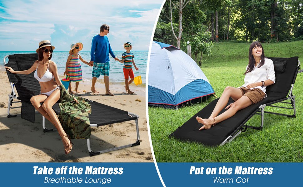 Honhorrs Padded Folding Chaise, Removable Mattress and Locking Backrest for Indoor or Patio Lounging detail