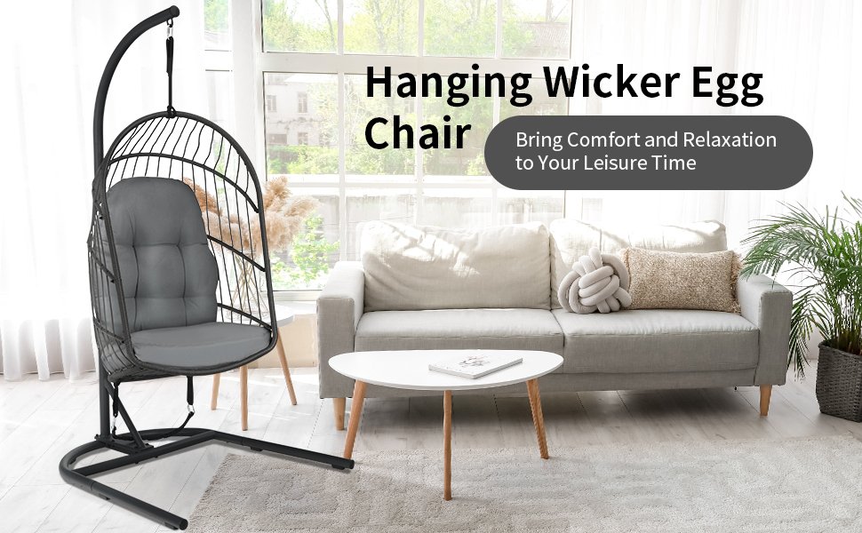 Honhorrs Hanging Wicker Egg Chair, Foldable Basket with Cushion, Steel Stand and Securing Strap detail