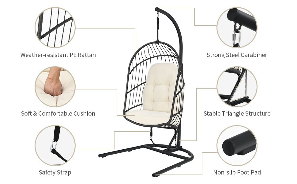 Honhorrs Hanging Wicker Egg Chair, Foldable Basket with Cushion, Steel Stand and Securing Strap detail