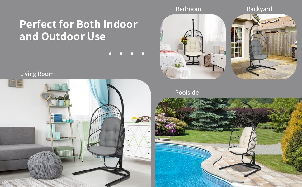 Honhorrs Hanging Wicker Egg Chair, Foldable Basket with Cushion, Steel Stand and Securing Strap detail
