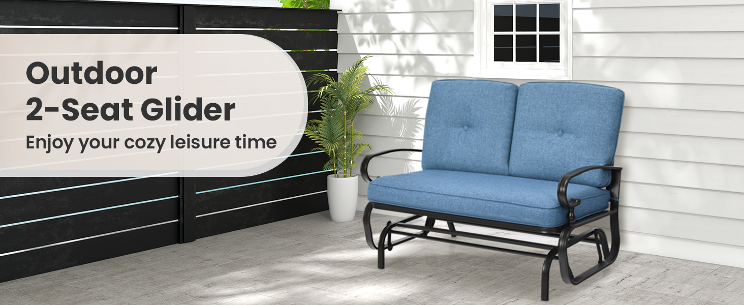 Honhorrs Two-Seat Patio Glider Bench, Olefin Cushions with Ties and a Curved Steel Seating Frame detail
