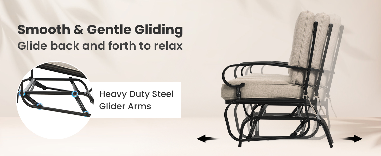 Honhorrs Two-Seat Patio Glider Bench, Olefin Cushions with Ties and a Curved Steel Seating Frame detail