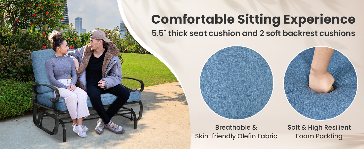 Honhorrs Two-Seat Patio Glider Bench, Olefin Cushions with Ties and a Curved Steel Seating Frame detail