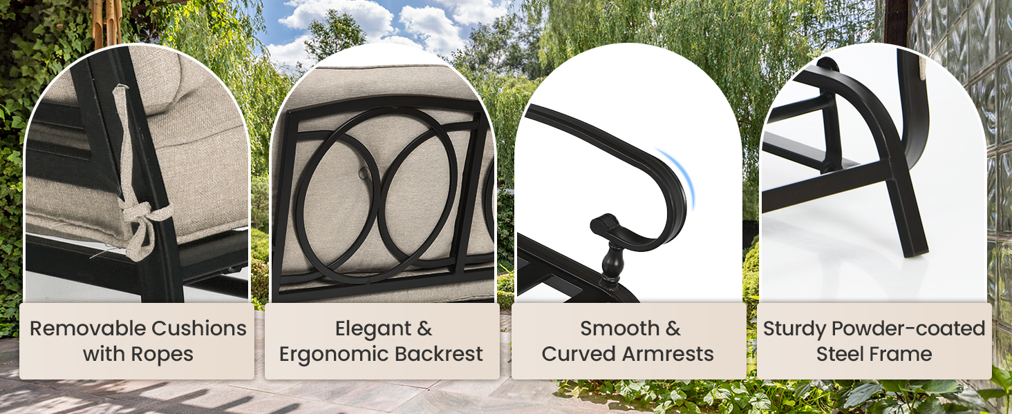 Honhorrs Two-Seat Patio Glider Bench, Olefin Cushions with Ties and a Curved Steel Seating Frame detail