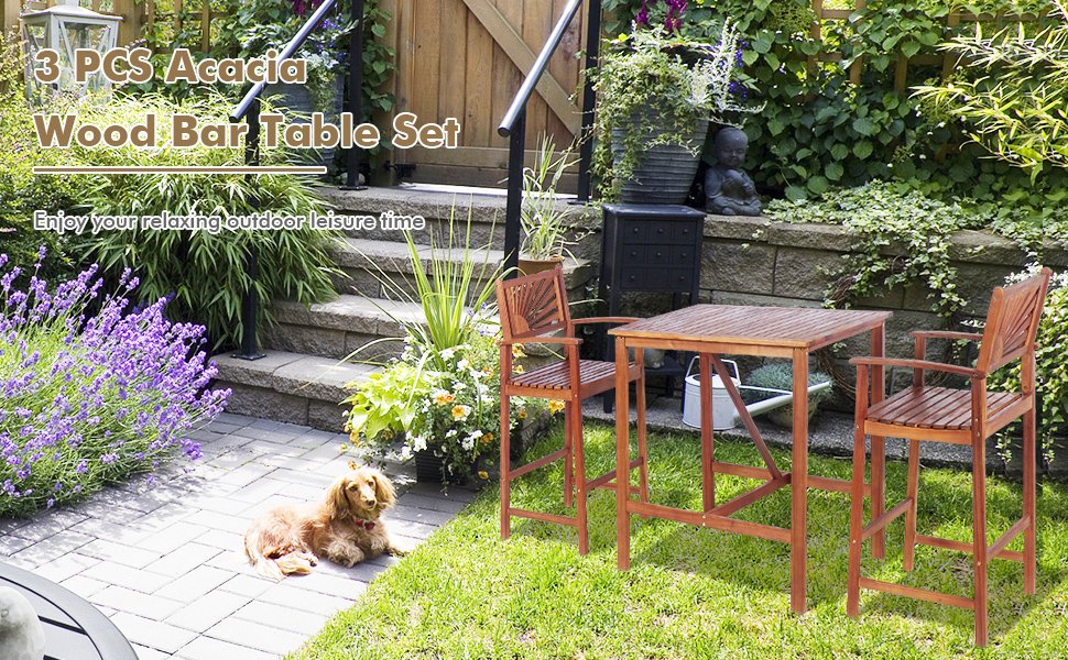 Honhorrs Acacia Wood Patio Bar Trio: Table and Two Stools with Reversible Sunflower-Pattern Backs detail