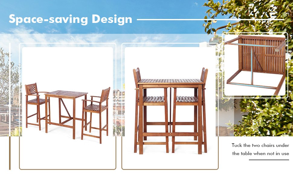 Honhorrs Acacia Wood Patio Bar Trio: Table and Two Stools with Reversible Sunflower-Pattern Backs detail