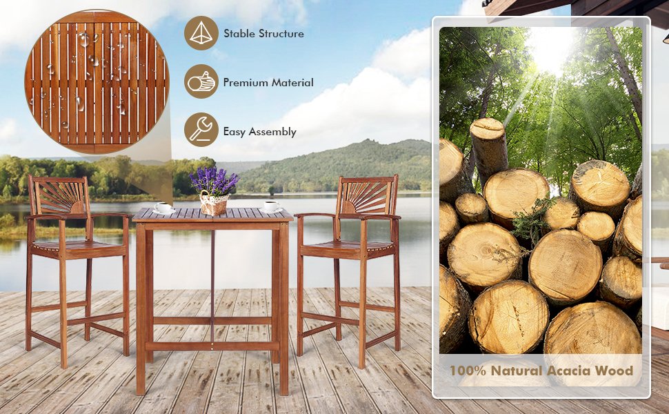 Honhorrs Acacia Wood Patio Bar Trio: Table and Two Stools with Reversible Sunflower-Pattern Backs detail