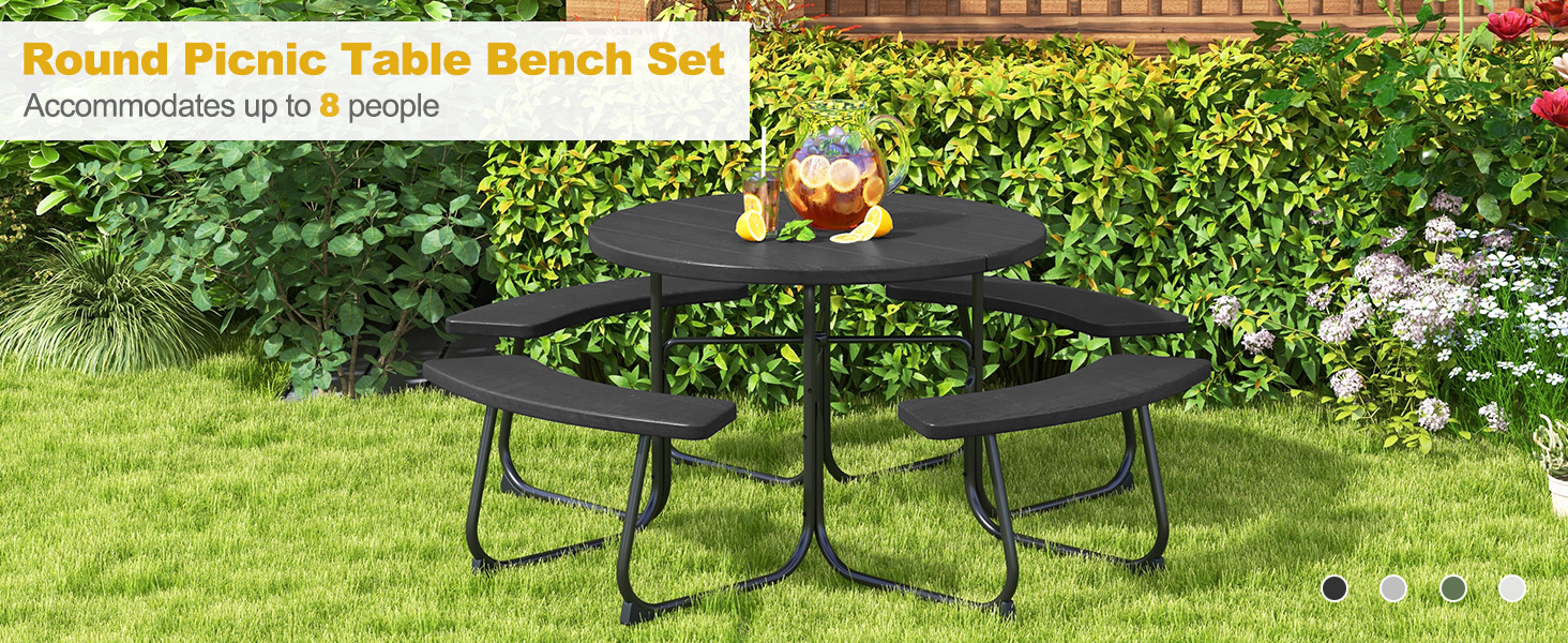 Honhorrs Eight-Person HDPE Picnic Table and Benches, Metal X-Braced Frame with Center Umbrella Hole detail