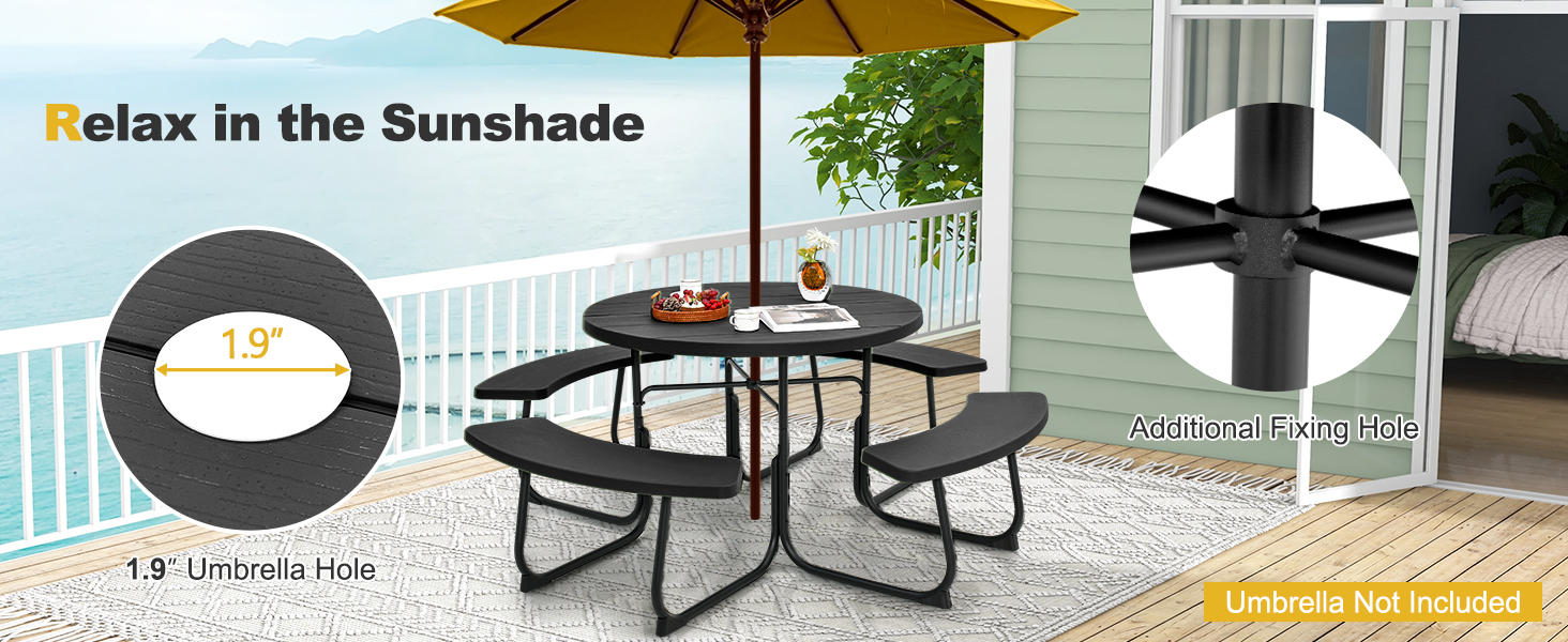 Honhorrs Eight-Person HDPE Picnic Table and Benches, Metal X-Braced Frame with Center Umbrella Hole detail