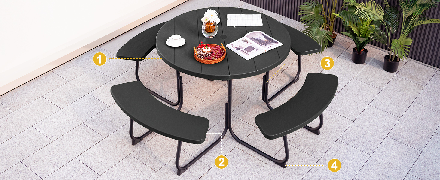 Honhorrs Eight-Person HDPE Picnic Table and Benches, Metal X-Braced Frame with Center Umbrella Hole detail