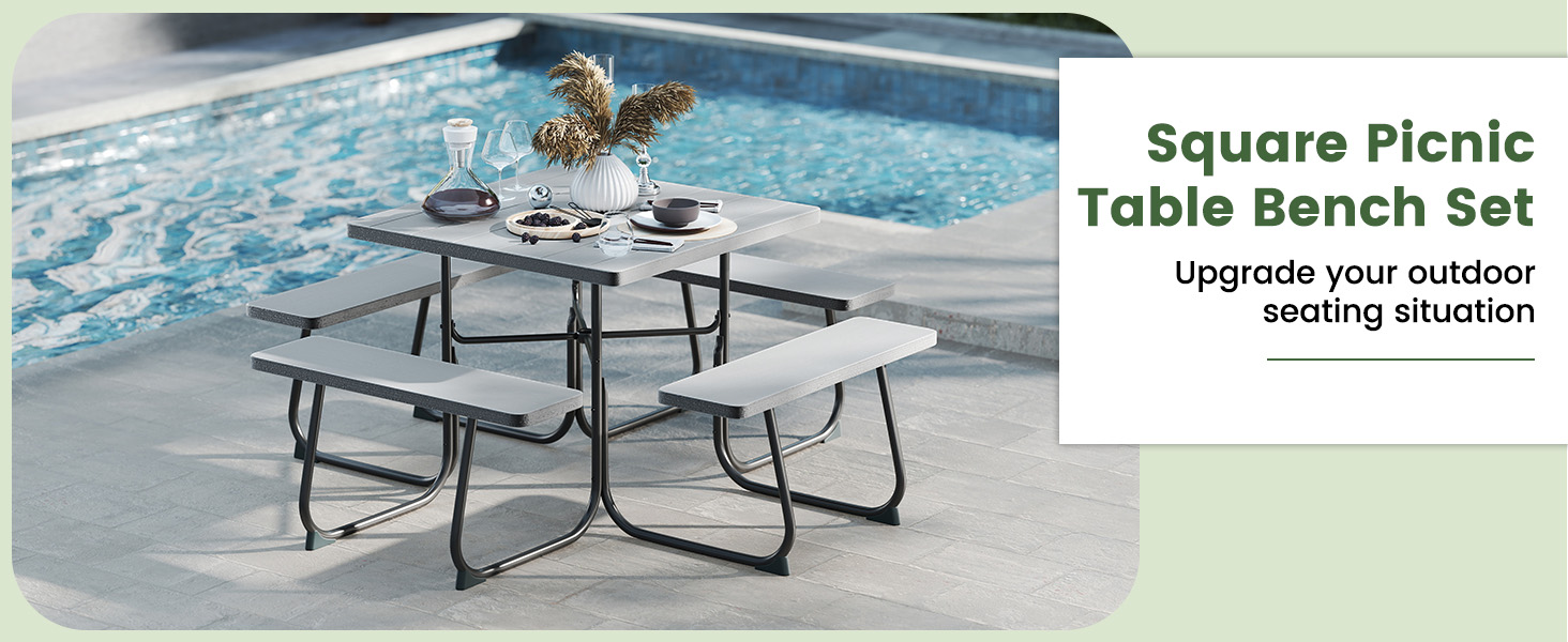 Honhorrs HDPE Outdoor Picnic Table with Four Attached Benches and a 1.9-Inch Central Umbrella Hole detail