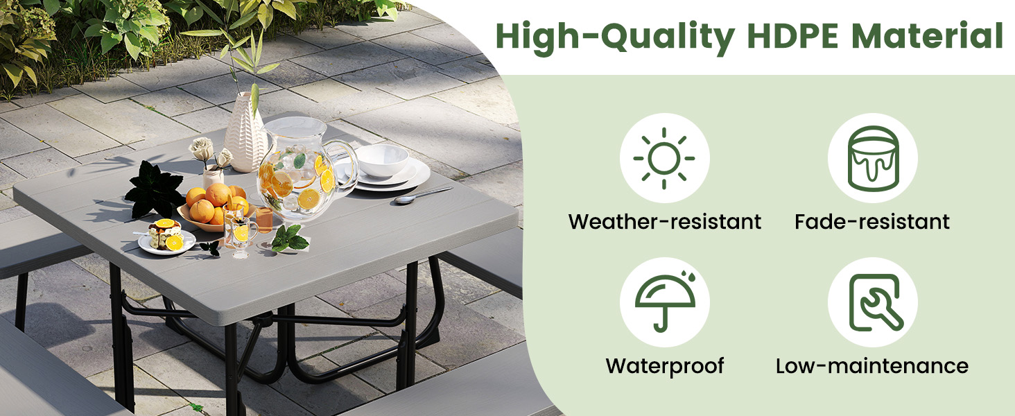 Honhorrs HDPE Outdoor Picnic Table with Four Attached Benches and a 1.9-Inch Central Umbrella Hole detail