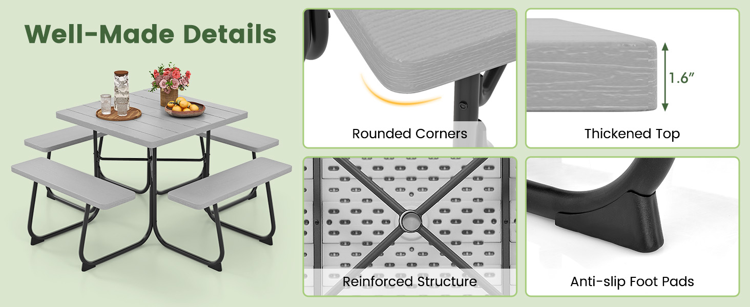 Honhorrs HDPE Outdoor Picnic Table with Four Attached Benches and a 1.9-Inch Central Umbrella Hole detail