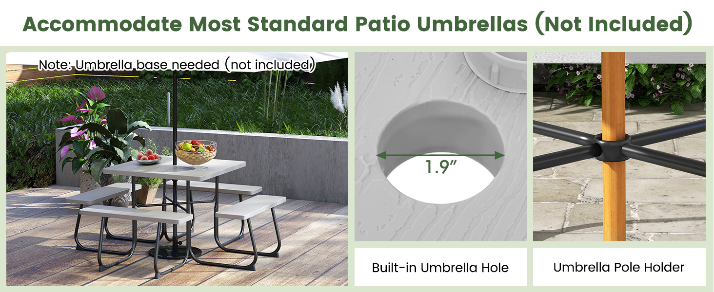 Honhorrs HDPE Outdoor Picnic Table with Four Attached Benches and a 1.9-Inch Central Umbrella Hole detail