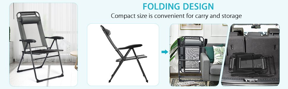 Honhorrs Four Folding Patio Recliners, Seven Backrest Settings with Headrests and Steel Frames detail