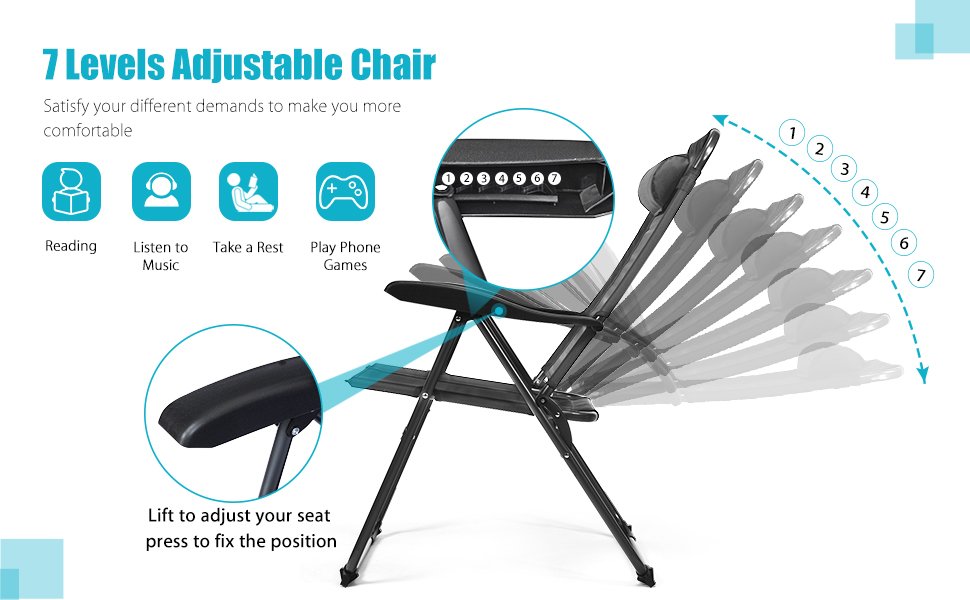 Honhorrs Four Folding Patio Recliners, Seven Backrest Settings with Headrests and Steel Frames detail