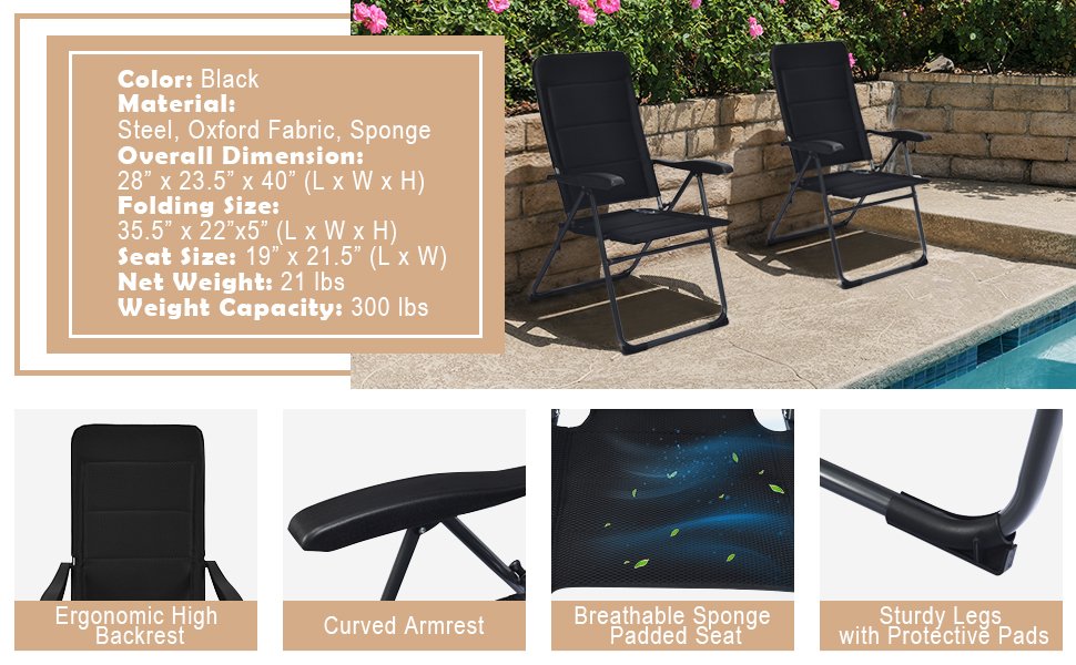 Honhorrs Four Folding Patio Chairs in Padded Oxford Fabric, Seven Recline Settings and Steel Frames detail