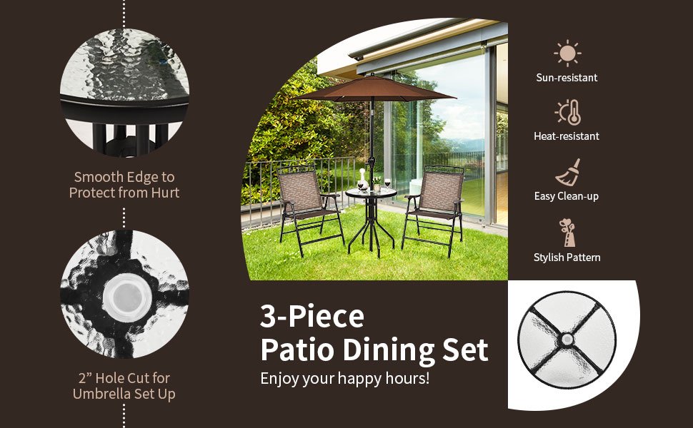 Honhorrs Three-Piece Bistro Set, Folding Fabric Chairs and Glass Table with 1.57-Inch Umbrella Hole detail