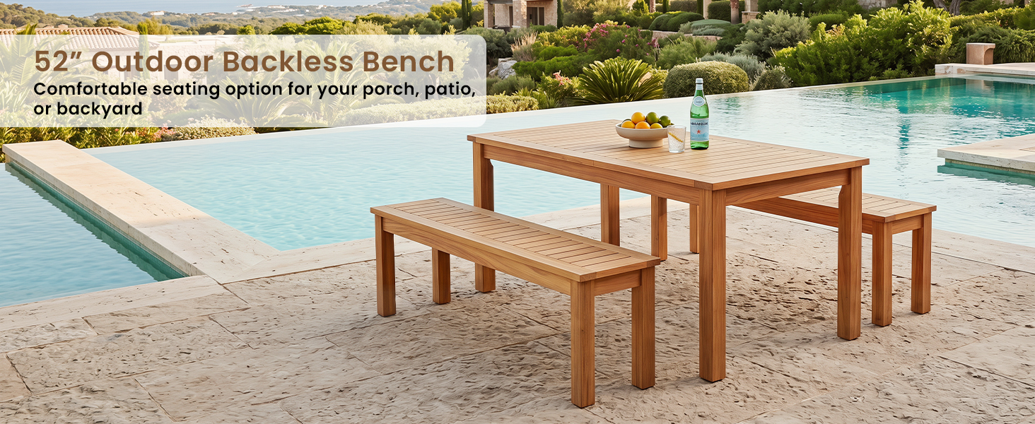 52-Inch Acacia Patio Dining Bench by Honhorrs: Slatted Wood Seat, Thick Legs and 700 lb Capacity detail