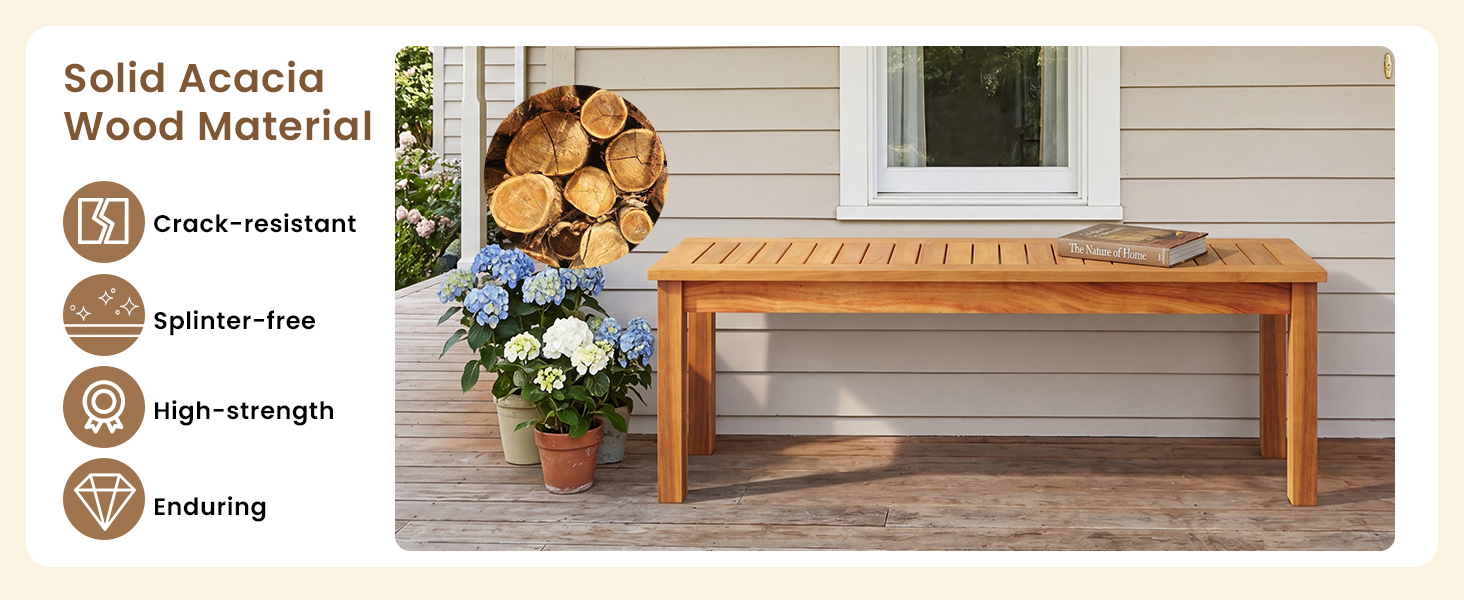 52-Inch Acacia Patio Dining Bench by Honhorrs: Slatted Wood Seat, Thick Legs and 700 lb Capacity detail