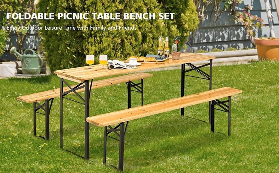 Honhorrs Folding Picnic Table and Two Benches, Fir-Wood Surfaces on Steel X-Frames with No Assembly detail