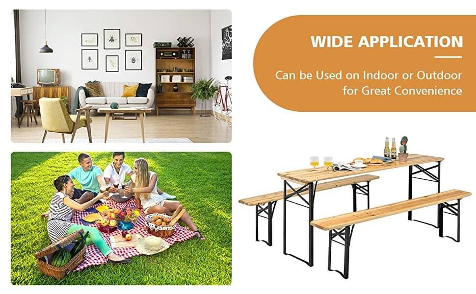 Honhorrs Folding Picnic Table and Two Benches, Fir-Wood Surfaces on Steel X-Frames with No Assembly detail