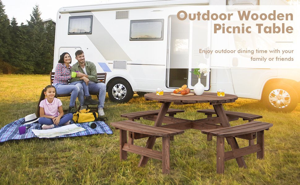 Honhorrs Six-Person Fir-Wood Picnic Table, Integrated Bench Seating and a Center Patio Umbrella Hole detail