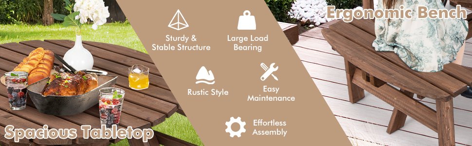 Honhorrs Six-Person Fir-Wood Picnic Table, Integrated Bench Seating and a Center Patio Umbrella Hole detail