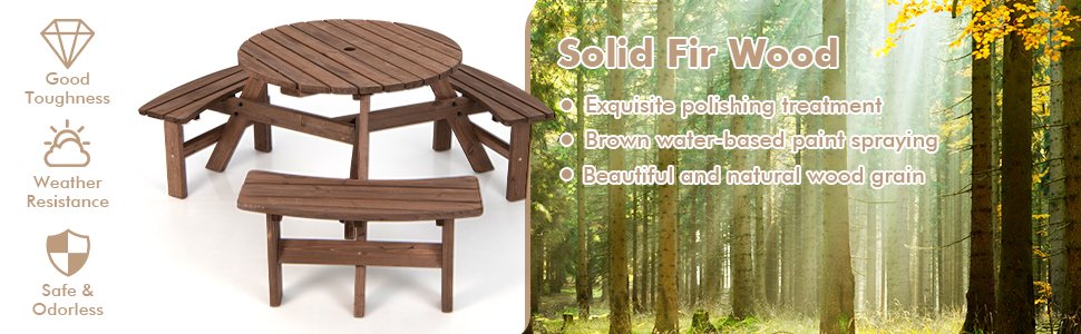Honhorrs Six-Person Fir-Wood Picnic Table, Integrated Bench Seating and a Center Patio Umbrella Hole detail