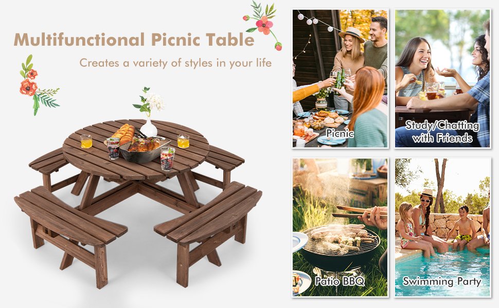 Honhorrs Six-Person Fir-Wood Picnic Table, Integrated Bench Seating and a Center Patio Umbrella Hole detail