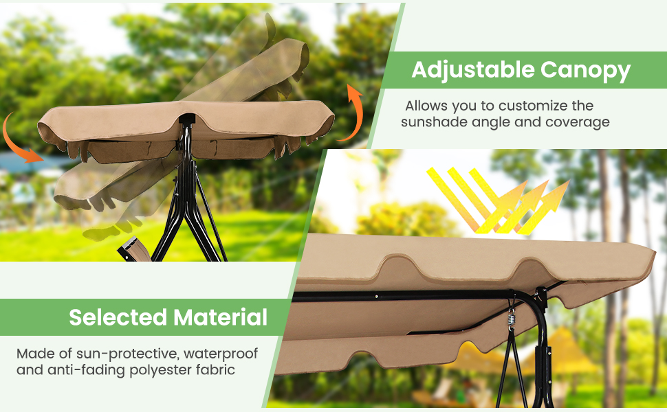 Honhorrs Three-Person Patio Swing, Steel Frame with Adjustable Polyester Canopy and Ventilated Seat detail
