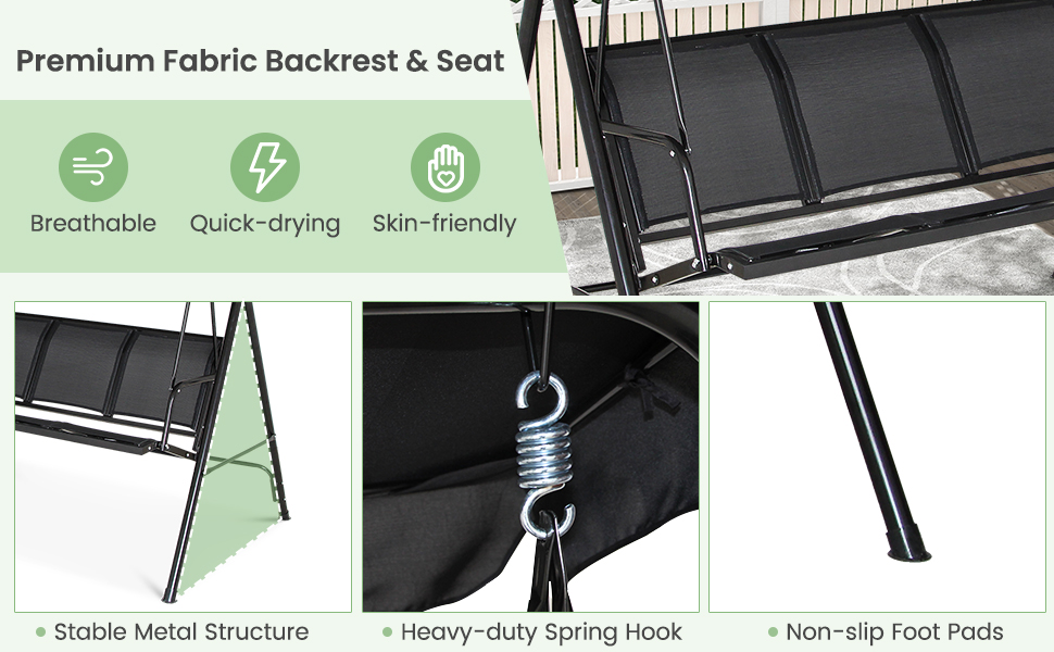 Honhorrs Three-Person Patio Swing, Steel Frame with Adjustable Polyester Canopy and Ventilated Seat detail