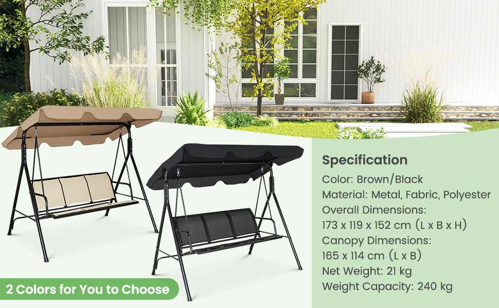 Honhorrs Three-Person Patio Swing, Steel Frame with Adjustable Polyester Canopy and Ventilated Seat detail