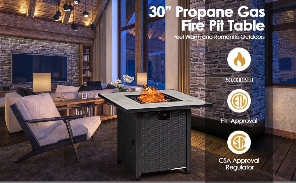 Honhorrs 30-Inch Propane Fire Table, Ceramic Top and 50,000-BTU Burner with Lava Rocks and PVC Cover detail