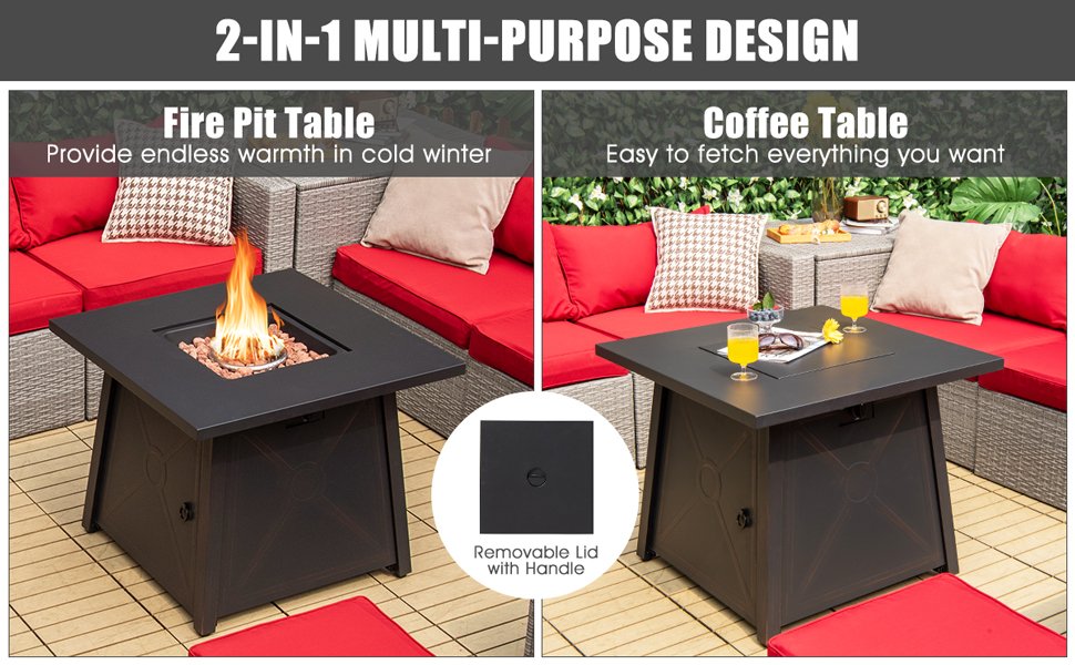 Honhorrs 30-Inch Propane Fire Table, 50,000-BTU Square Steel Design with Burner Lid and PVC Cover detail