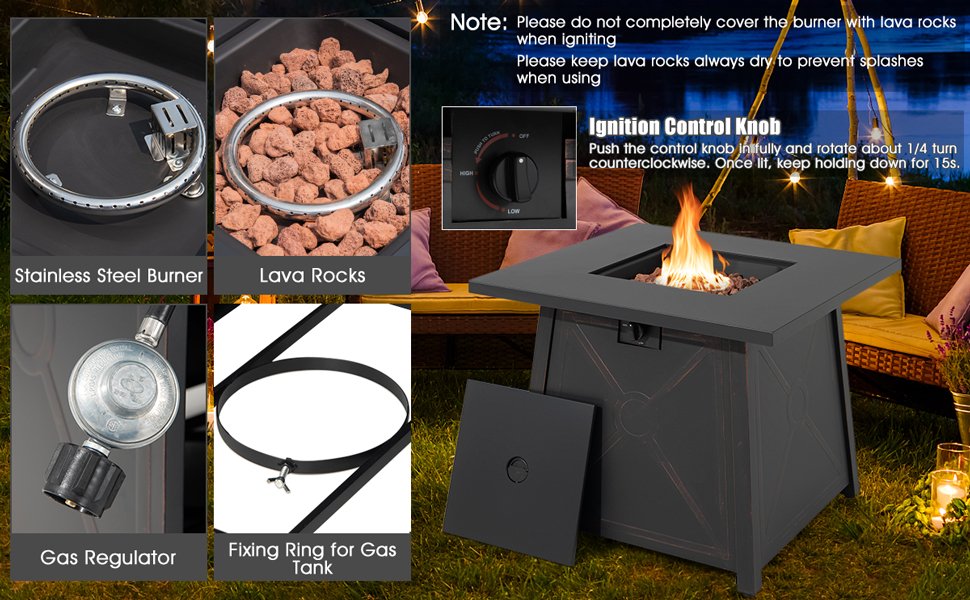 Honhorrs 30-Inch Propane Fire Table, 50,000-BTU Square Steel Design with Burner Lid and PVC Cover detail