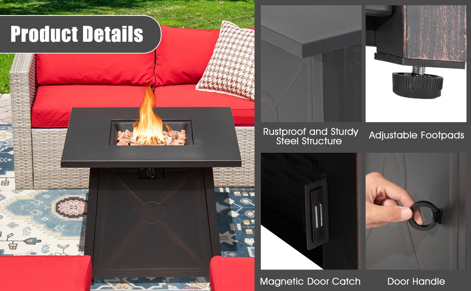 Honhorrs 30-Inch Propane Fire Table, 50,000-BTU Square Steel Design with Burner Lid and PVC Cover detail