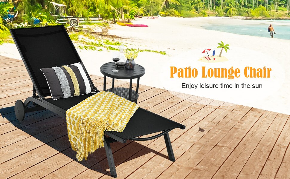 Honhorrs Aluminum Patio Chaise with Six Backrest Positions, Breathable Fabric and Two Rear Wheels detail