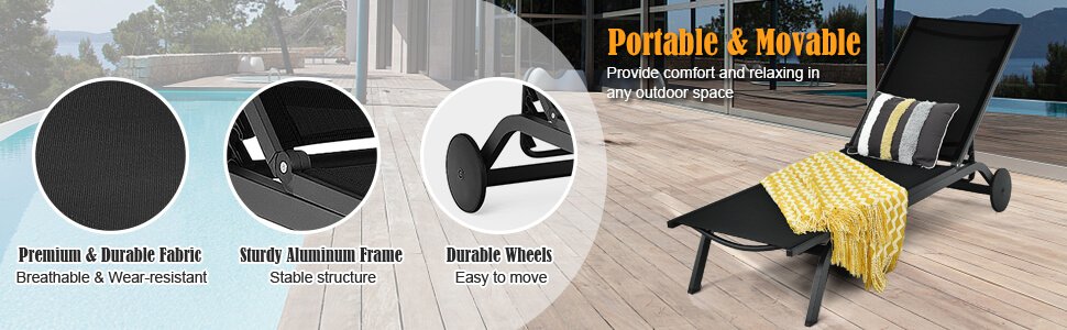 Honhorrs Aluminum Patio Chaise with Six Backrest Positions, Breathable Fabric and Two Rear Wheels detail