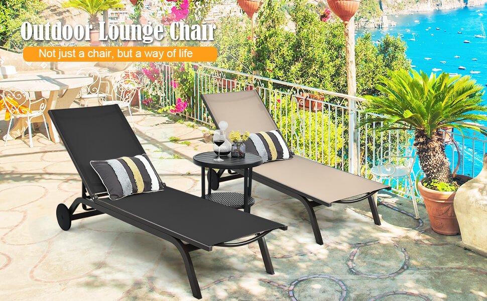 Honhorrs Aluminum Patio Chaise with Six Backrest Positions, Breathable Fabric and Two Rear Wheels detail
