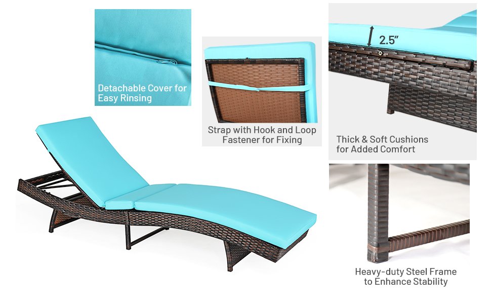Honhorrs Cushioned Folding Patio Chaise, Five Backrest Positions on a Steel and PE Rattan Frame detail