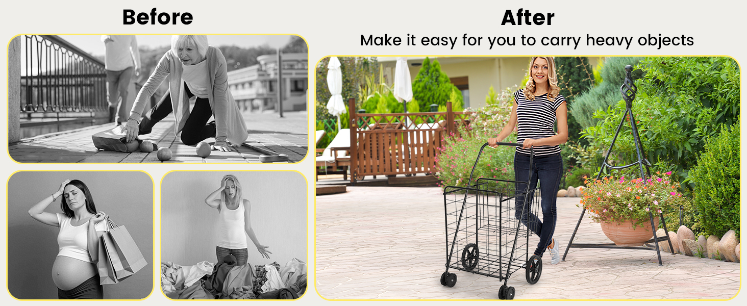 Honhorrs Folding Metal Shopping Cart with Dual Baskets, Swivel Front Wheels and Rubber Rear Wheels detail